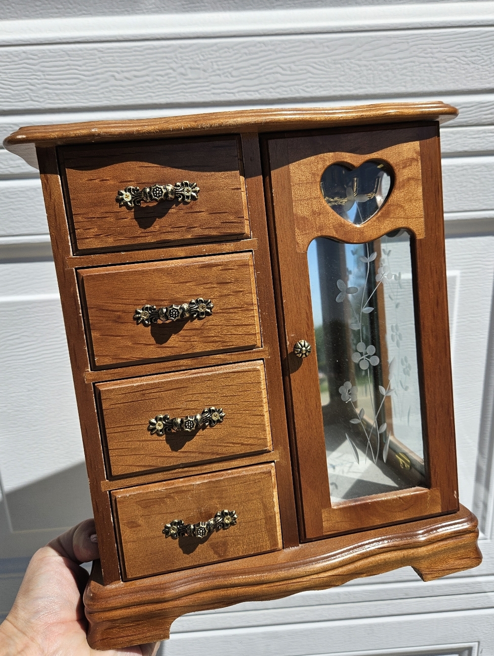 Vintage Wooden Heart Jewelry Organizer Box with Etched Glass Door